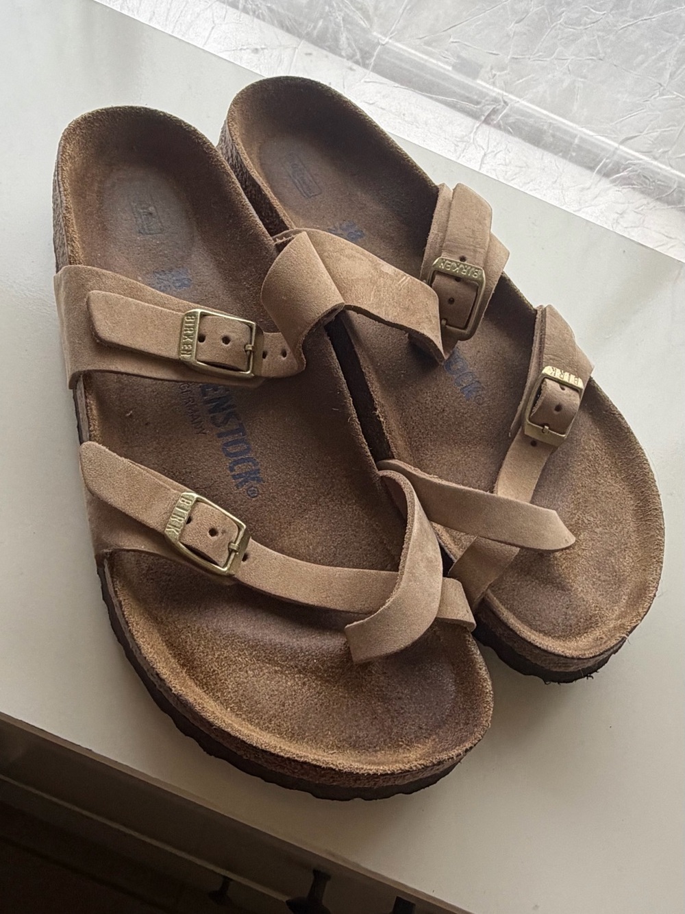 Birkenstock Women's Mayari sandals in Suede Tobacco Brown- US 7-7.5 Regular Wide